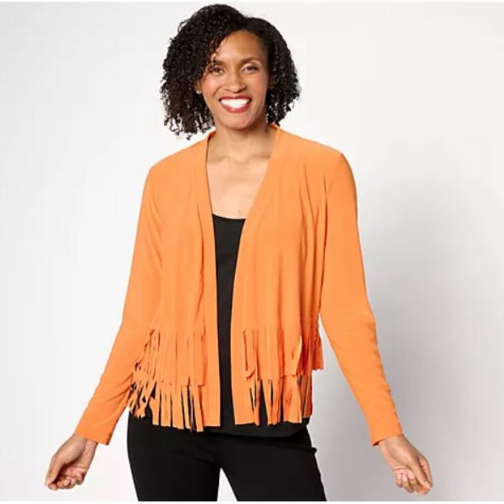 Attitudes by Renee Como Jersey Knit Fringe Cardigan; Exotic Orange, 4X
